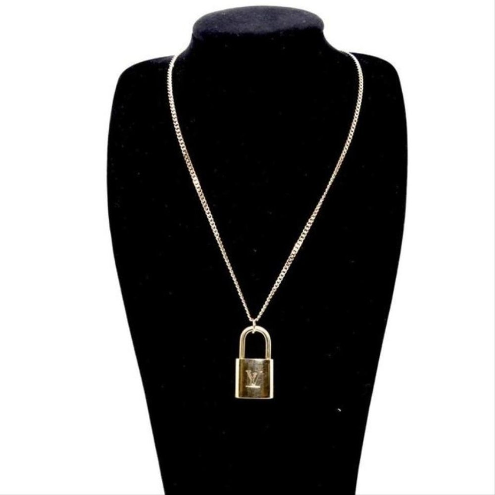 Louis Vuitton Brass Gold Tone Padlock Lock + Key Pendant Necklace Charm